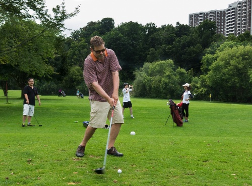 Despite an injured shoulder Angus McQuibban still nails this drive